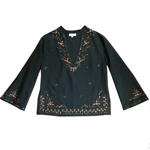 Vintage Indian Deep V-Neck Size M Blouse with Glass Beads and Burnt Orange